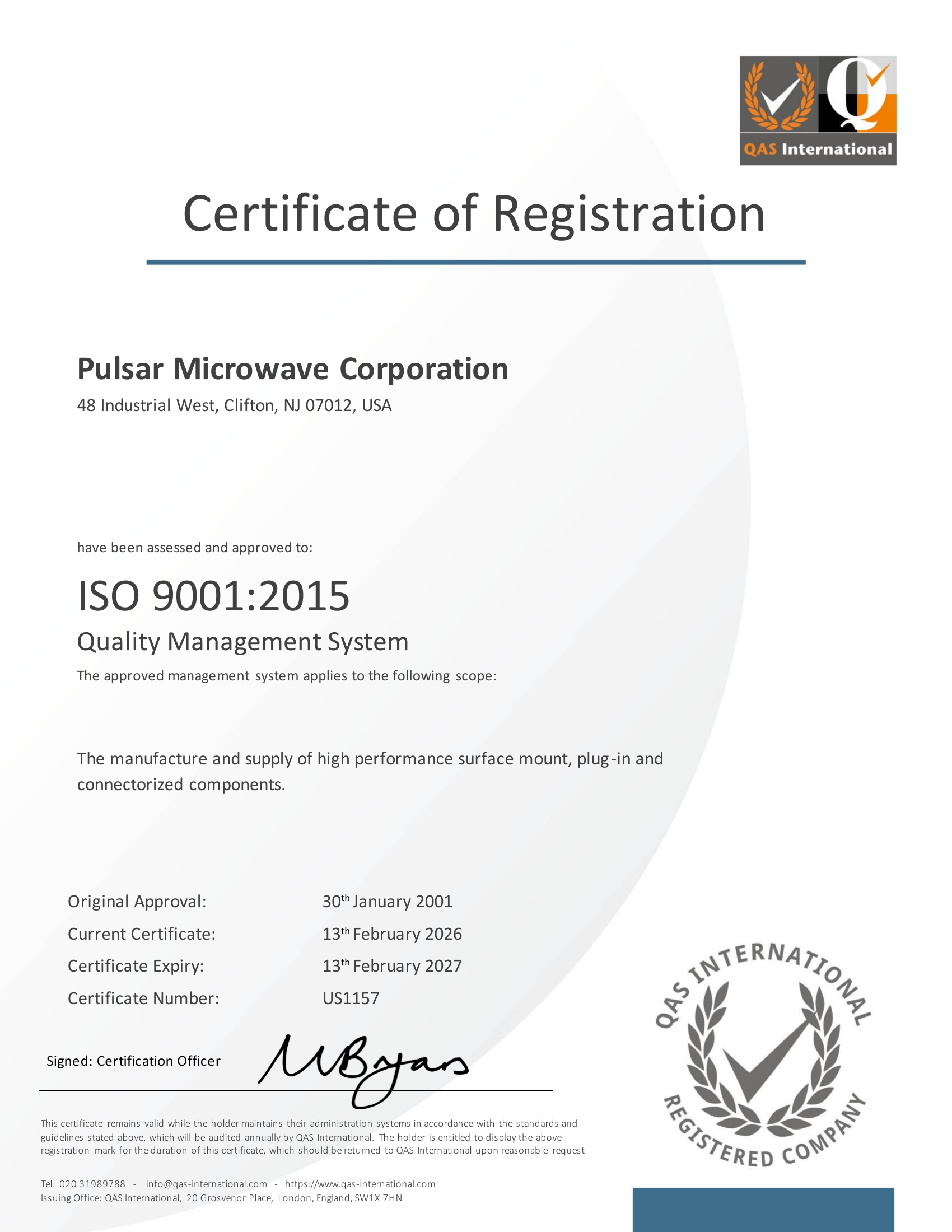 Pulsar Microwave Corporation ISO 9001:2015 Certificate
